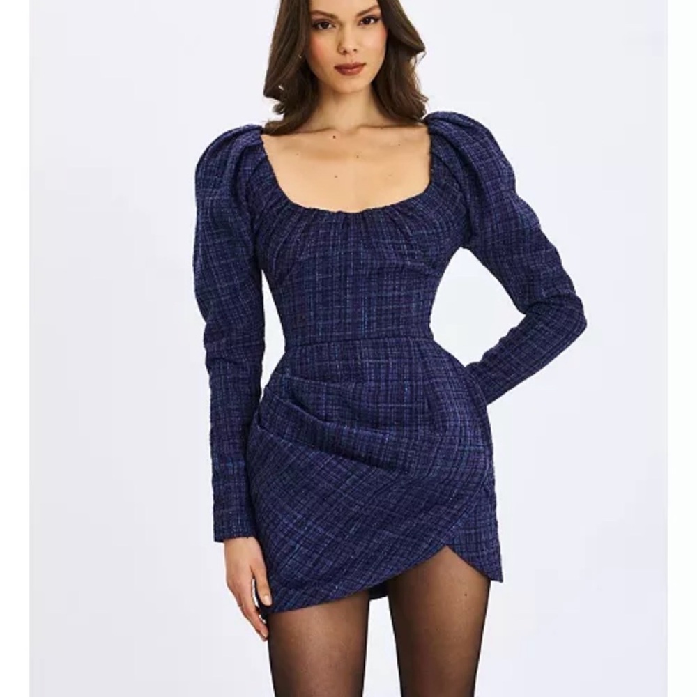 'Denise Navy Tweed Ruched Puff Sleeve Mini Dress
